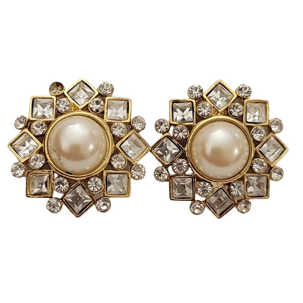 Gold Tone Clear Rhinestone Faux Pearl Clip On Earrings, K171